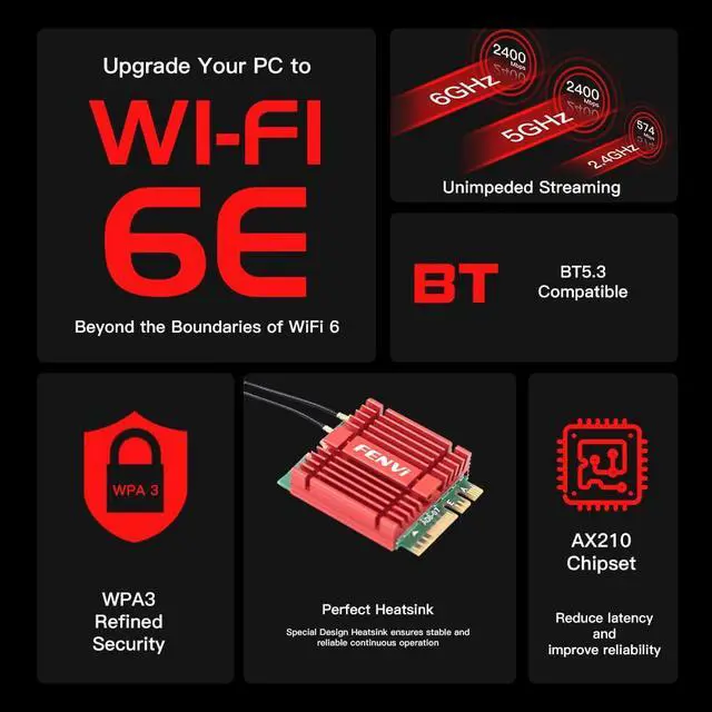 Alt view image 3 of 7 - 6E Desktop Upgrade Kit with Intel AX210-5400Mbps Tri-Band 6GHz & BT 5.3 Includes M.2 2230 AX210NGW WiFi Card, High Gain Antennas, Low Profile Bracket for Windows 11/10