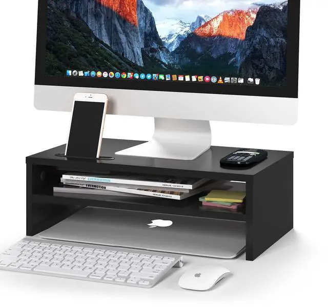 Main image of Wooden Monitor Stand Riser, 2-Tier Desk Shelf with Storage Organizer, Ergonomic Computer Stand with Cable Management, Cellphone Holder, Black, 16.5 Inch