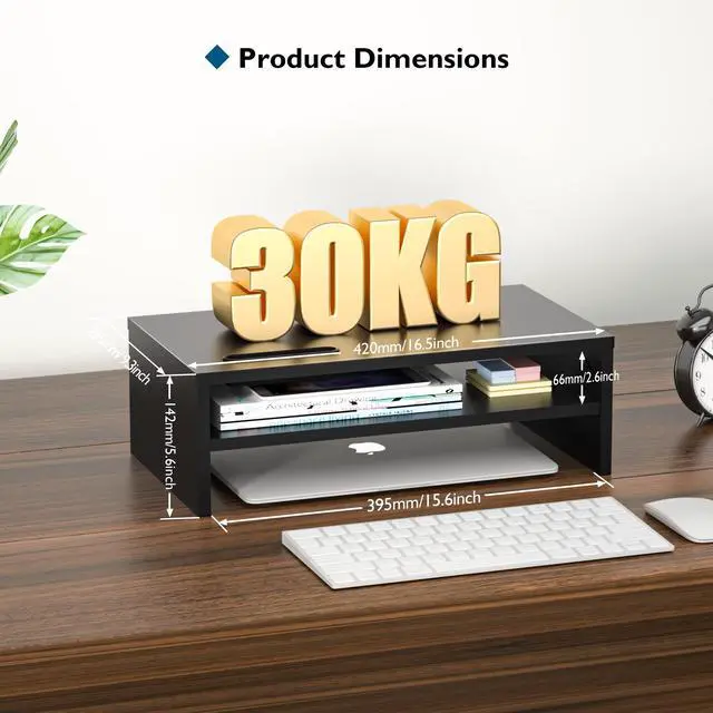 Alt view image 4 of 7 - Wooden Monitor Stand Riser, 2-Tier Desk Shelf with Storage Organizer, Ergonomic Computer Stand with Cable Management, Cellphone Holder, Black, 16.5 Inch