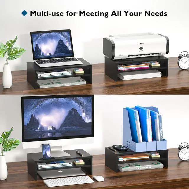 Alt view image 7 of 7 - Wooden Monitor Stand Riser, 2-Tier Desk Shelf with Storage Organizer, Ergonomic Computer Stand with Cable Management, Cellphone Holder, Black, 16.5 Inch