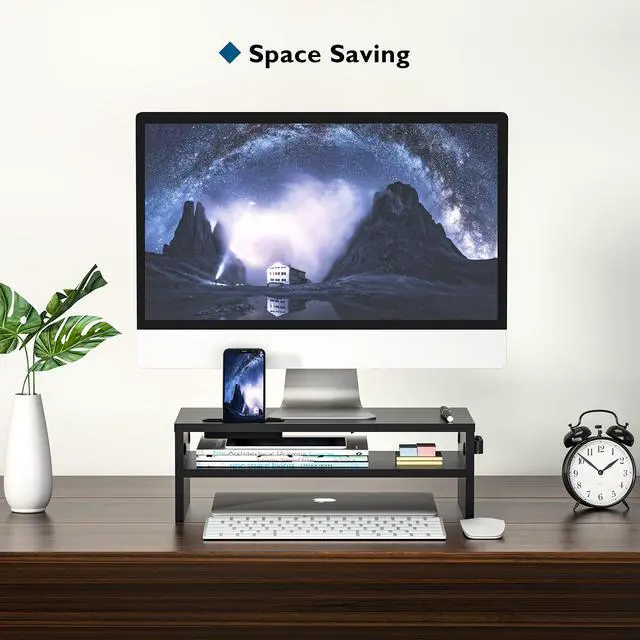 Alt view image 3 of 7 - Wooden Monitor Stand Riser, 2-Tier Desk Shelf with Storage Organizer, Ergonomic Computer Stand with Cable Management, Cellphone Holder, Black, 16.5 Inch