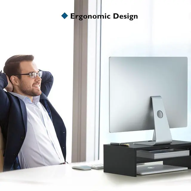 Alt view image 5 of 7 - Wooden Monitor Stand Riser, 2-Tier Desk Shelf with Storage Organizer, Ergonomic Computer Stand with Cable Management, Cellphone Holder, Black, 16.5 Inch