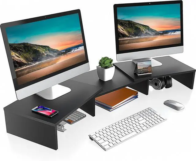 Main image of Dual Monitor Stand 3 Shelf Computer Monitor Riser, Wood Desktop Stand with Adjustable Length and Angle, Desk Accessories, Office Supplies Medium Black,DT108001WB