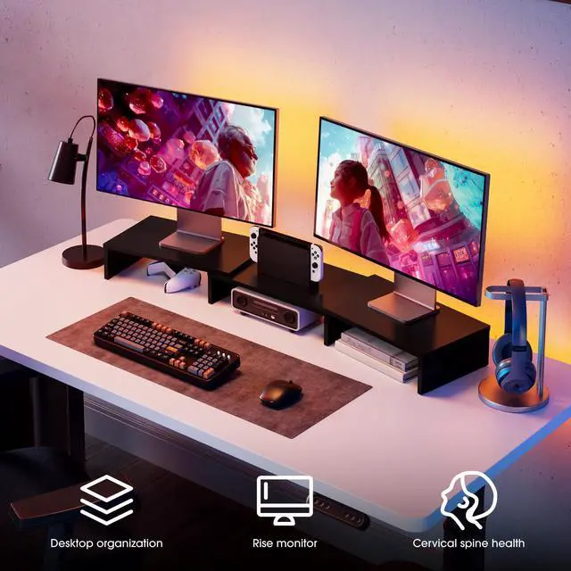 Alt view image 2 of 7 - Dual Monitor Stand 3 Shelf Computer Monitor Riser, Wood Desktop Stand with Adjustable Length and Angle, Desk Accessories, Office Supplies Medium Black,DT108001WB