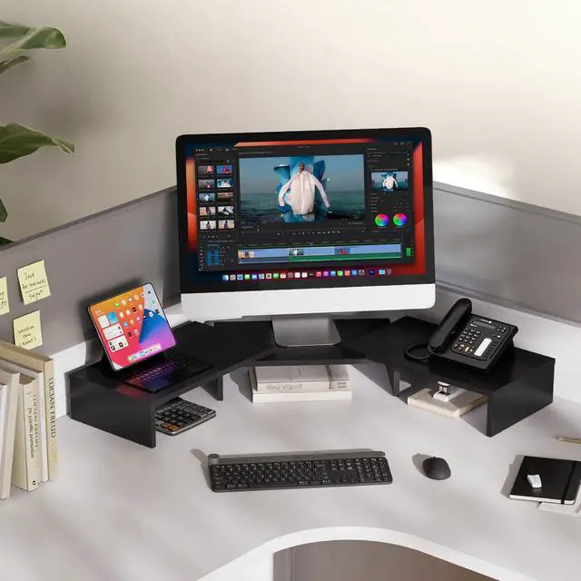 Alt view image 3 of 7 - Dual Monitor Stand 3 Shelf Computer Monitor Riser, Wood Desktop Stand with Adjustable Length and Angle, Desk Accessories, Office Supplies Medium Black,DT108001WB
