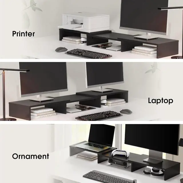 Alt view image 6 of 7 - Dual Monitor Stand 3 Shelf Computer Monitor Riser, Wood Desktop Stand with Adjustable Length and Angle, Desk Accessories, Office Supplies Medium Black,DT108001WB