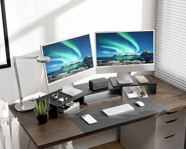 Alt view image 7 of 7 - Dual Monitor Stand 3 Shelf Computer Monitor Riser, Wood Desktop Stand with Adjustable Length and Angle, Desk Accessories, Office Supplies Medium Black,DT108001WB