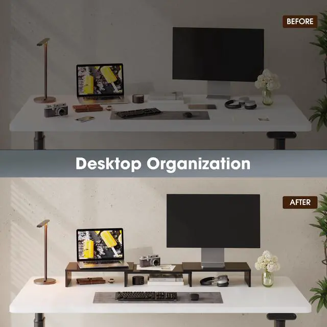 Alt view image 5 of 7 - Dual Monitor Stand 3 Shelf Computer Monitor Riser, Wood Desktop Stand with Adjustable Length and Angle, Desk Accessories, Office Supplies Medium Black,DT108001WB