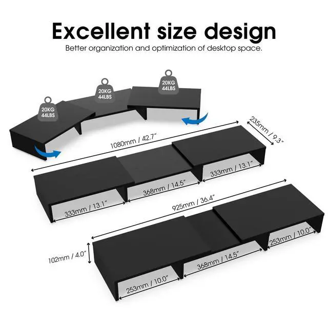 Alt view image 4 of 7 - Dual Monitor Stand 3 Shelf Computer Monitor Riser, Wood Desktop Stand with Adjustable Length and Angle, Desk Accessories, Office Supplies Medium Black,DT108001WB