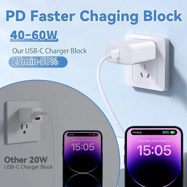 Alt view image 2 of 7 - 40-60W USB C Charger Block for iPhone 17 Fast Charging,3Pack USB Type C Charger Blocks Max Output 60W Fast Charging Compatible with iPhone 17/17 Air/16/15 Pro/ProMax/14/13/12iPad Pro/Air/Mini/AirPods