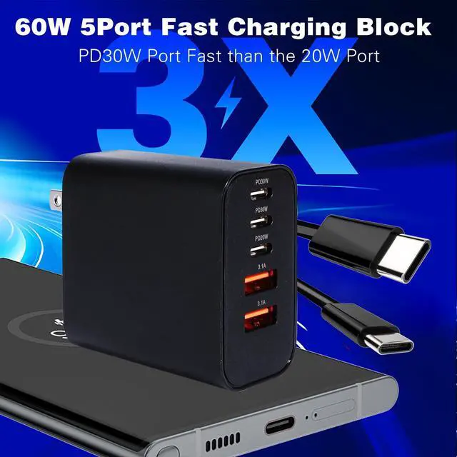 Alt view image 2 of 7 - Fast iPhone 17 16 15 Pro Charger,60W 5Port USB C Phone Charger Fast Charging Block,2Pack Quick Type C Wall Charger 10FT Long USB C Charging Cord for iPhone 17 Pro/17 ProMax/17 Air/16 ProMax/16e/15 Pro