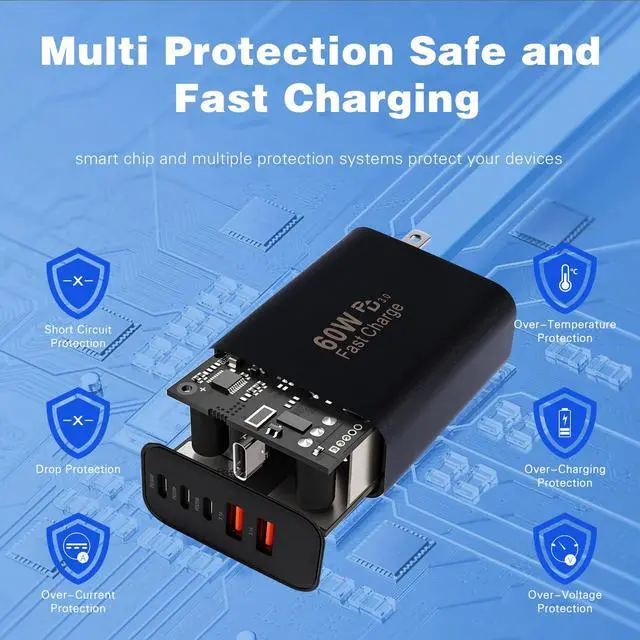 Alt view image 4 of 7 - Fast iPhone 17 16 15 Pro Charger,60W 5Port USB C Phone Charger Fast Charging Block,2Pack Quick Type C Wall Charger 10FT Long USB C Charging Cord for iPhone 17 Pro/17 ProMax/17 Air/16 ProMax/16e/15 Pro