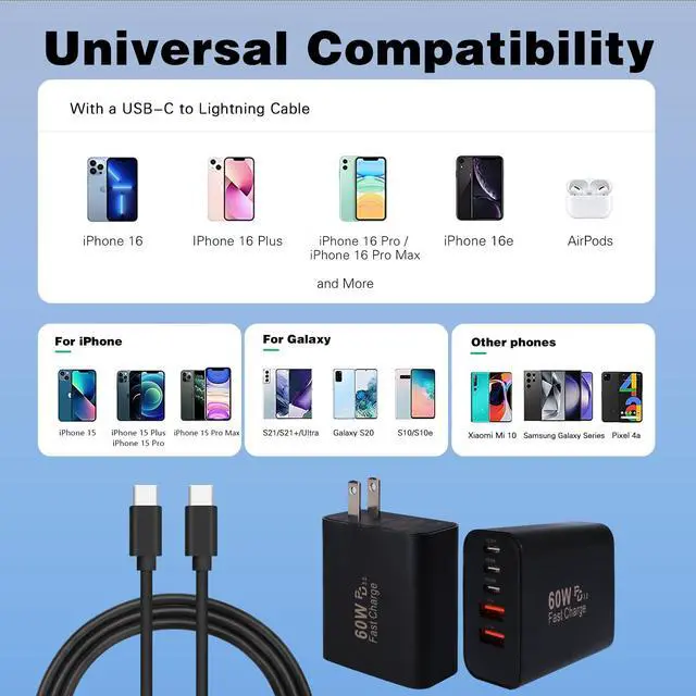 Alt view image 3 of 7 - Fast iPhone 17 16 15 Pro Charger,60W 5Port USB C Phone Charger Fast Charging Block,2Pack Quick Type C Wall Charger 10FT Long USB C Charging Cord for iPhone 17 Pro/17 ProMax/17 Air/16 ProMax/16e/15 Pro
