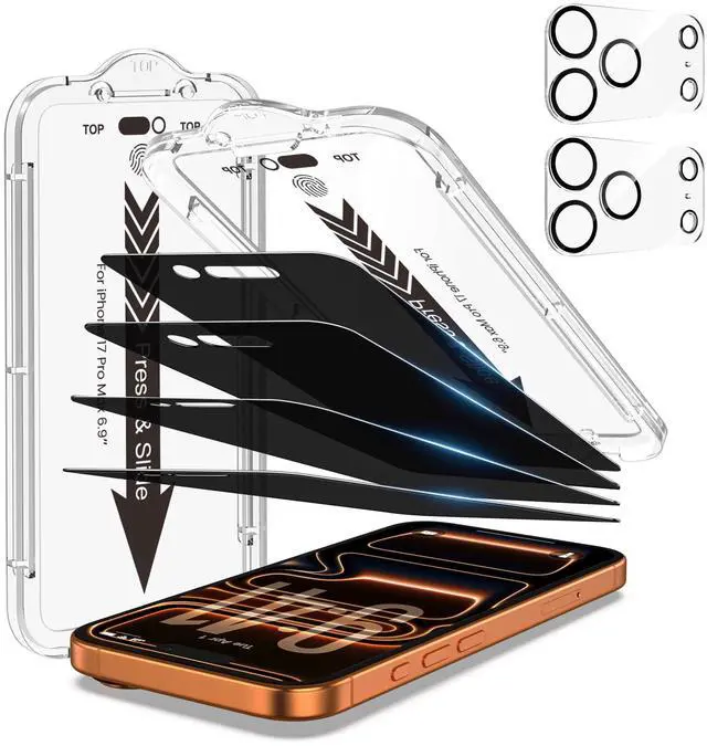 Main image of 4-Pack Screen Protector for iPhone 17 Pro Max 6.9 inch Black Privacy with Flawless Fit Kit + 2-Pack Camera Lens Protector, 15-Second Bubble-Free Installation, 9H Hardness, 12FT Military Grade