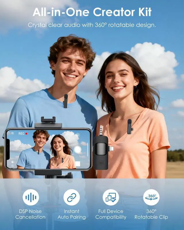 Alt view image 2 of 7 - Wireless Mini Microphone for iPhone, Android, Camera, PC, 4 in 1 Lavalier Mic with 360° Rotatable Clip, Plug and Play Noise Reduction Lapel Mic for Video Recording YouTube TikTok Content Creators