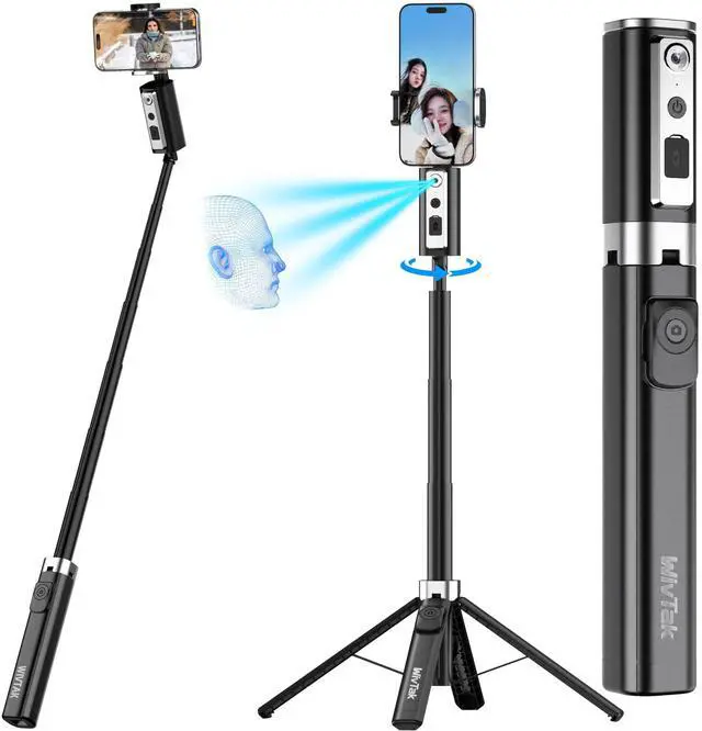 Main image of Auto Face Tracking Selfie Stick Tripod for iPhone, Minimalist 360° Rotating AI Tracking Tripod with Wireless Control, 60" Extended Phone Holder for Content Creation Vlogging, Live Streaming