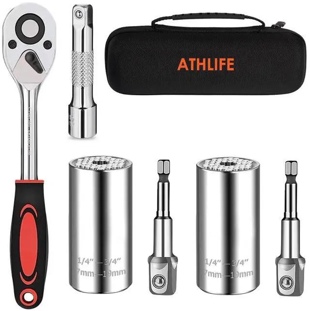 Main image of Universal Socket Wrench Tool Kit 7-19mm Socket Grip Tool Sets with 3/8 Ratchet Wrench Power Drill Adapter Gift for DIY Handyman, Husband, Boyfriend, Dad, Women (Silver)