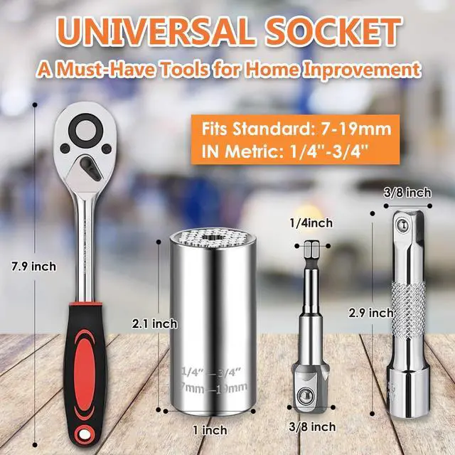 Alt view image 2 of 7 - Universal Socket Wrench Tool Kit 7-19mm Socket Grip Tool Sets with 3/8 Ratchet Wrench Power Drill Adapter Gift for DIY Handyman, Husband, Boyfriend, Dad, Women (Silver)