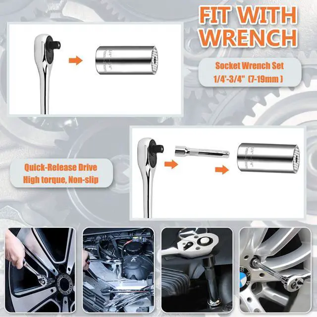 Alt view image 4 of 7 - Universal Socket Wrench Tool Kit 7-19mm Socket Grip Tool Sets with 3/8 Ratchet Wrench Power Drill Adapter Gift for DIY Handyman, Husband, Boyfriend, Dad, Women (Silver)
