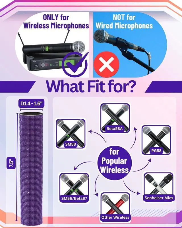 Alt view image 2 of 6 - Purple Rhinestones Microphone Sleeve for Wireless Mic Shuer SM58 Beta 58A Handheld Cover Decorative Shine