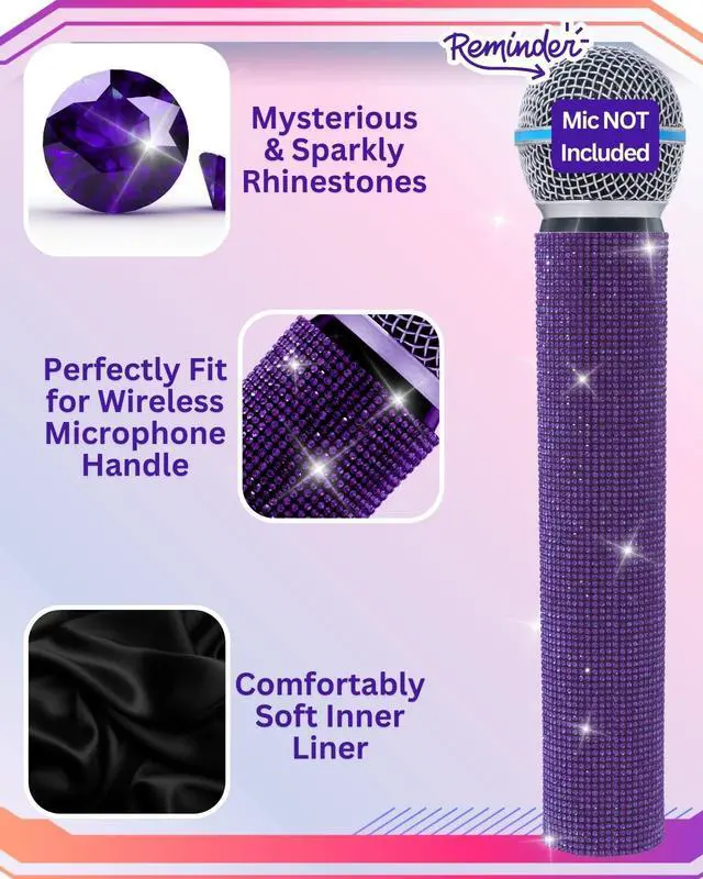 Alt view image 3 of 6 - Purple Rhinestones Microphone Sleeve for Wireless Mic Shuer SM58 Beta 58A Handheld Cover Decorative Shine