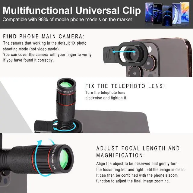 Alt view image 5 of 6 - 32X Telephoto Phone Lens, High Power HD Lens Attachment with Adjustable Tripod & Universal Clip, Compatible with iPhone Android, Ideal for Bird Watching, Concert, Outdoor Photography