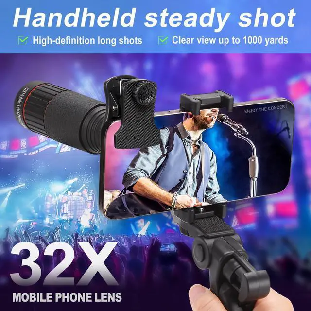 Alt view image 2 of 6 - 32X Telephoto Phone Lens, High Power HD Lens Attachment with Adjustable Tripod & Universal Clip, Compatible with iPhone Android, Ideal for Bird Watching, Concert, Outdoor Photography