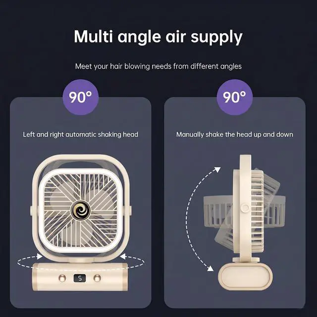 Alt view image 5 of 7 - USB Desk Fan for Bedroom, 5 Speeds Quiet Table Fan with 90° Oscillating, 2400mAh Rechargeable Battery Small Desktop Fan for Home Office Travel,Night Light (White)