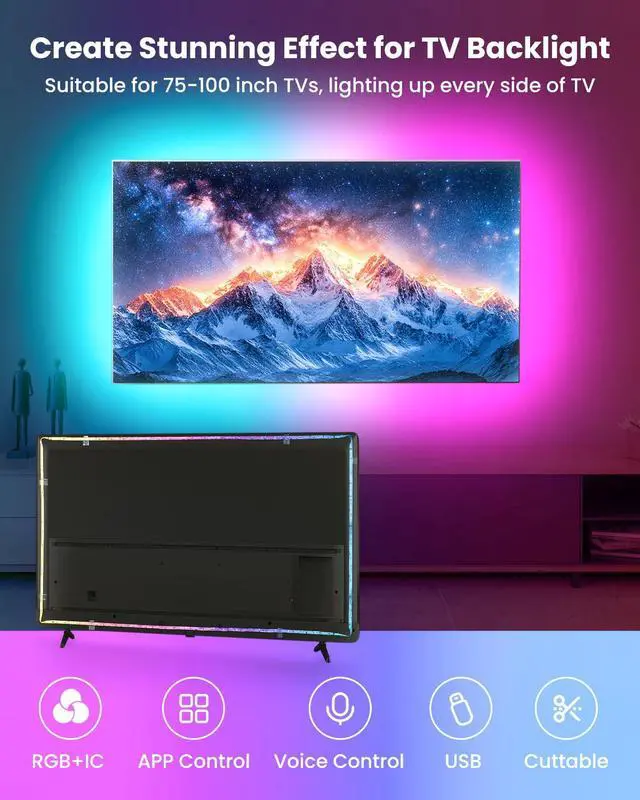 Alt view image 2 of 7 - 16.4ft RGB+IC LED Lights for 50-75 Inch TV, Backlight Strip Behind TV with Music Sync, Bluetooth APP and Voice Control, 44 Scene Modes, for Ambient Mood Lighting, Monitor Game, Bedroom, Living Room