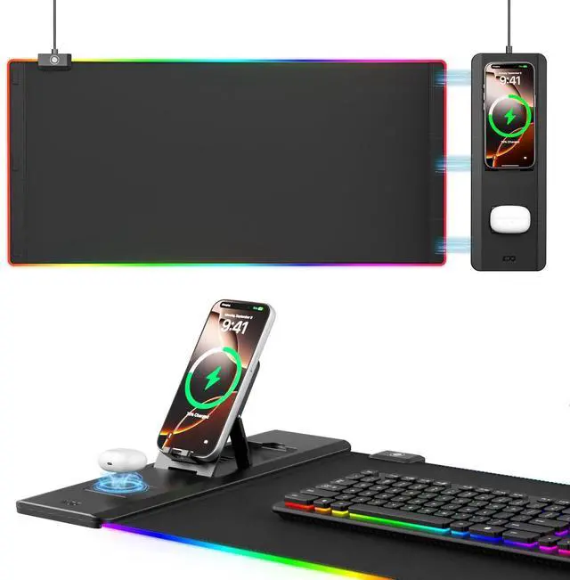 Main image of RGB Mouse Pad with Wireless Charging - Desk Mat with Phone Holder and 15W Fast Charger - Gaming Mousepad with Ultra-Smooth Surface, Non-Slip Base - Keyboard Mat for Home Office Gamer Accessories
