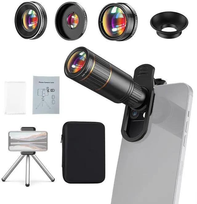 Main image of 4-in-1 Phone Lens Kit External Phone Camera Lens Set with 22X Telephoto Lens 205° Fisheye Lens 4K 0.67X Wide Angle Lens 25X Macro Lens Clip Phone Mini Tripod Replacement for iPhone 15/14/13/12