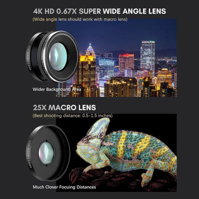 Alt view image 4 of 6 - 4-in-1 Phone Lens Kit External Phone Camera Lens Set with 22X Telephoto Lens 205° Fisheye Lens 4K 0.67X Wide Angle Lens 25X Macro Lens Clip Phone Mini Tripod Replacement for iPhone 15/14/13/12