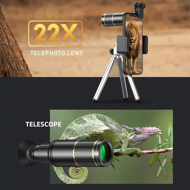Alt view image 3 of 6 - 4-in-1 Phone Lens Kit External Phone Camera Lens Set with 22X Telephoto Lens 205° Fisheye Lens 4K 0.67X Wide Angle Lens 25X Macro Lens Clip Phone Mini Tripod Replacement for iPhone 15/14/13/12