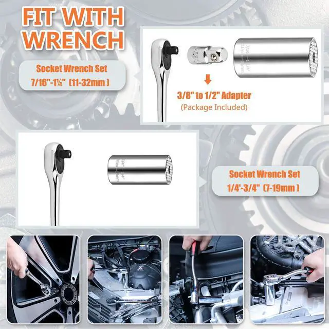 Alt view image 4 of 7 - Universal Socket Wrench Set (11-32mm 7-19mm) Professional Sockets Tools Multi-function Wrench Repair Tool Kit with 3/8 inch Ratchet Wrench & Power Drill Adapter Chrome Vanadium Steel