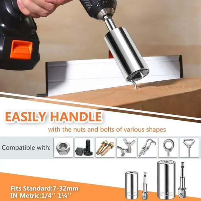 Alt view image 7 of 7 - Universal Socket Wrench Set (11-32mm 7-19mm) Professional Sockets Tools Multi-function Wrench Repair Tool Kit with 3/8 inch Ratchet Wrench & Power Drill Adapter Chrome Vanadium Steel