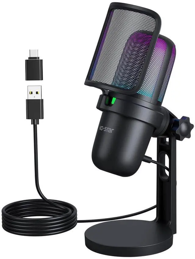 Main image of USB Streaming Gaming Microphone, PC Condenser Desktop Mic for Video, Home use, YouTube, with RGB Control, Gain Knob, 3.5mm Headphone Jack, Shock Mount, on Computer/PS5 - (Black)