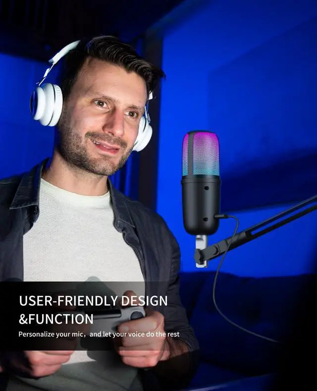 Alt view image 5 of 5 - USB Streaming Gaming Microphone, PC Condenser Desktop Mic for Video, Home use, YouTube, with RGB Control, Gain Knob, 3.5mm Headphone Jack, Shock Mount, on Computer/PS5 - (Black)