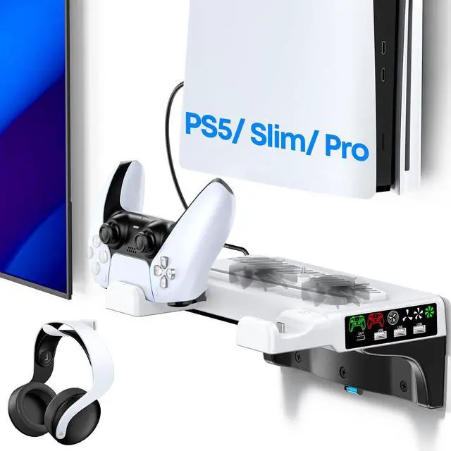 Main image of PS5/Slim/Pro Wall Mount Kit with Cooling Fan & Charging Station, PS5 Shelf Floating Mount for All PlayStation 5/Slim/Pro Disc & Digital Console, PS 5 Wall Bracket Behind TV, PS Five Pro Accessories