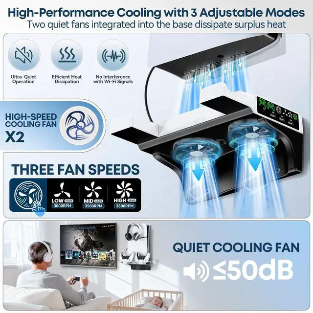 Alt view image 3 of 7 - PS5/Slim/Pro Wall Mount Kit with Cooling Fan & Charging Station, PS5 Shelf Floating Mount for All PlayStation 5/Slim/Pro Disc & Digital Console, PS 5 Wall Bracket Behind TV, PS Five Pro Accessories