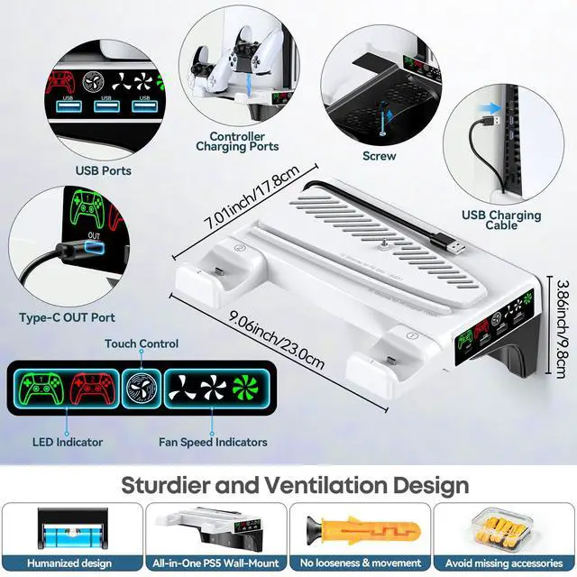 Alt view image 7 of 7 - PS5/Slim/Pro Wall Mount Kit with Cooling Fan & Charging Station, PS5 Shelf Floating Mount for All PlayStation 5/Slim/Pro Disc & Digital Console, PS 5 Wall Bracket Behind TV, PS Five Pro Accessories