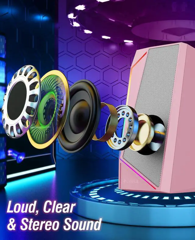 Alt view image 3 of 6 - Computer Speakers, USB/USB-C Powered PC Speakers with Loud Stereo Sound, Headphone-in for Desktop, Laptop, Monitor (USB-C to USB Adapter Included) (Pink)