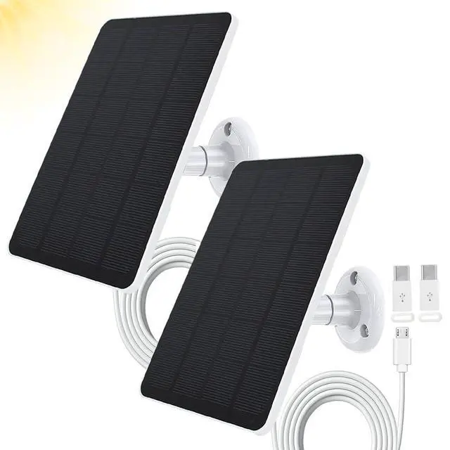 Main image of 2 Pack Solar Panel Compatible with WYZE Battery Cam Pro, EufyCam 2C/2C Pro, 4W 5V Solar Panel with 10ft Micro USB Charging Cable for Outdoor Battery Camera, Tpye C Adapter, Adjustable Wall Mount