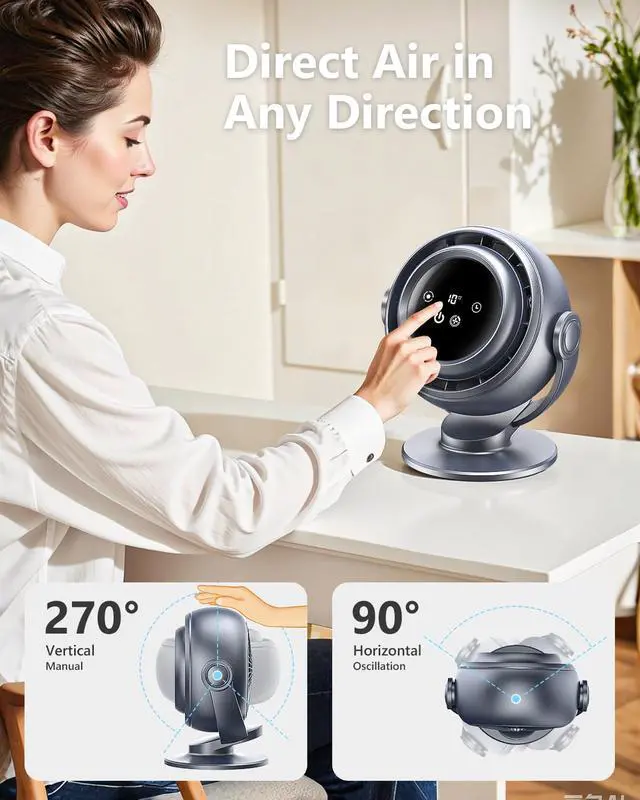 Alt view image 6 of 7 - Desk Fan for Office, 90°Oscillating Fan with 6000mAh Rechargeable, 10 Speeds 4H Timer 270°Tilt Adjustment, 29dB Ultra-Quiet Portable Personal Table Fans, Gifts for Christmas Women Men Home
