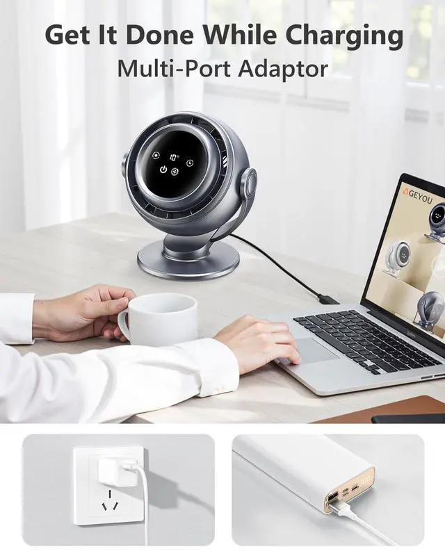 Alt view image 5 of 7 - Desk Fan for Office, 90°Oscillating Fan with 6000mAh Rechargeable, 10 Speeds 4H Timer 270°Tilt Adjustment, 29dB Ultra-Quiet Portable Personal Table Fans, Gifts for Christmas Women Men Home