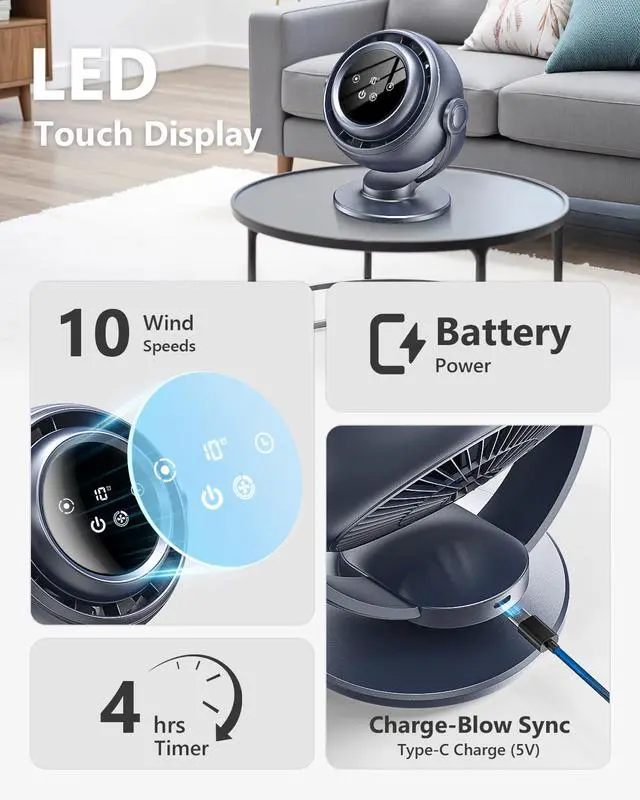 Alt view image 4 of 7 - Desk Fan for Office, 90°Oscillating Fan with 6000mAh Rechargeable, 10 Speeds 4H Timer 270°Tilt Adjustment, 29dB Ultra-Quiet Portable Personal Table Fans, Gifts for Christmas Women Men Home