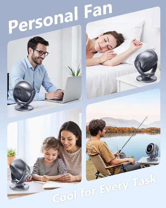 Alt view image 3 of 7 - Desk Fan for Office, 90°Oscillating Fan with 6000mAh Rechargeable, 10 Speeds 4H Timer 270°Tilt Adjustment, 29dB Ultra-Quiet Portable Personal Table Fans, Gifts for Christmas Women Men Home