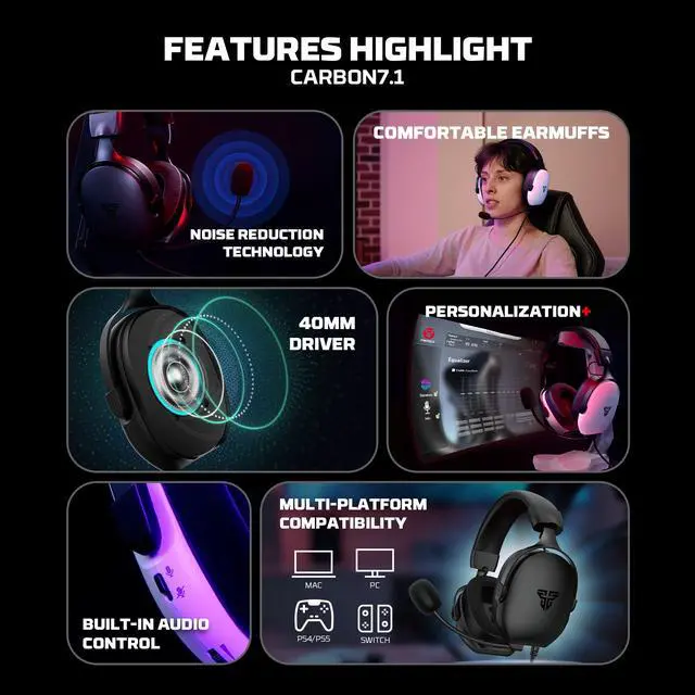 Alt view image 2 of 7 - Gaming Headset with 7.1 Virtual Surround Sound, Noise Cancelling Microphone, 40mm Drivers, USB Connection, in-Line Audio Control, Compatible with PC, PS4, PS5, Mac, Switch (White)