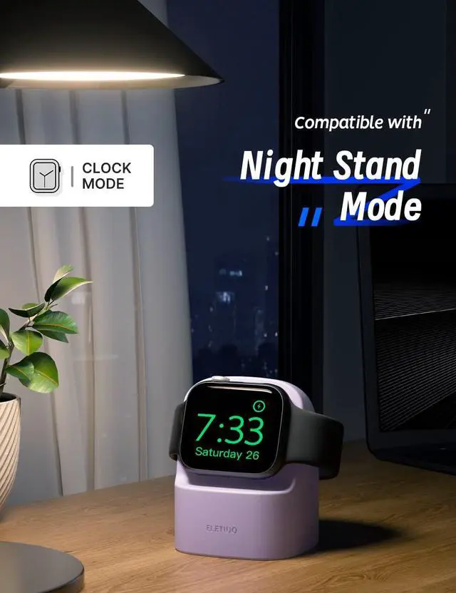 Alt view image 3 of 7 - Charger Stand Compatible with Apple Watch Series 49/46/45/44/42/41/40/38mm iWatch Ultra2/Ultra/10/9/8/SE2/7/6/SE/5/4/3/2/1,Silicone Charging Dock Compatible with Night Stand Mode,Purple