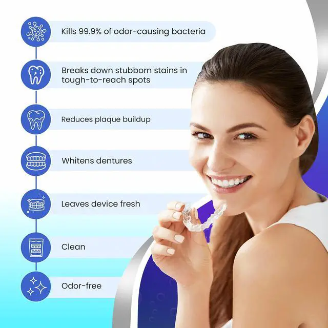 Alt view image 2 of 5 - Cleaner & Denture Cleanser - 30 Effervescent Tablets - 1 Month Supply - Removes Stains, Discoloration, Odors, & Plaque - Clear Aligners, Mouth & Night Guard, All Dental/Oral Appliances