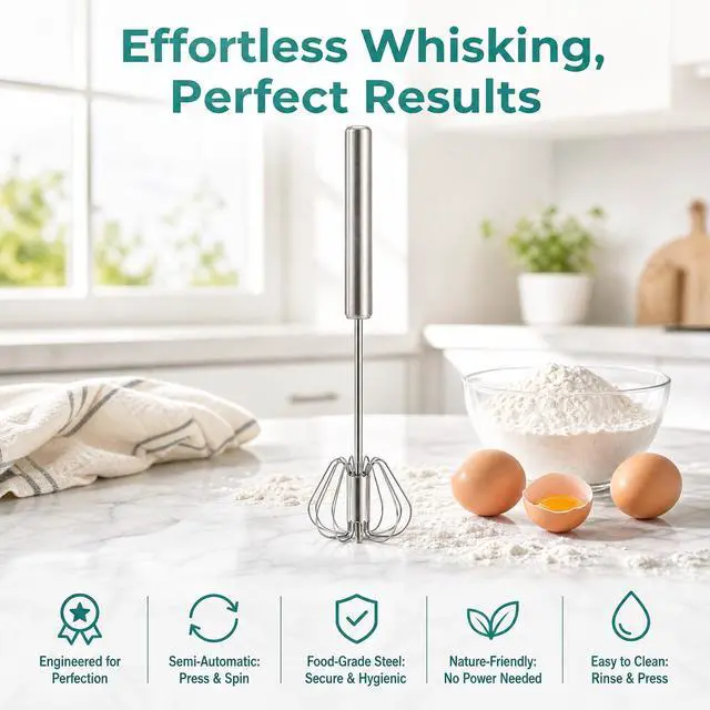 Alt view image 3 of 7 - Semi-Automatic Whisk,Stainless Steel Egg Whisk,Premium Stainless Steel Mixer for Kitchen Cooking,ldeal Egg Beater All Purpose Stirrer (10 inch)